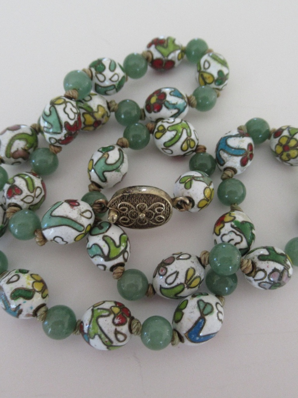 Vtg. Hand Painted Cloisonne and Aventurine Beaded Necklace